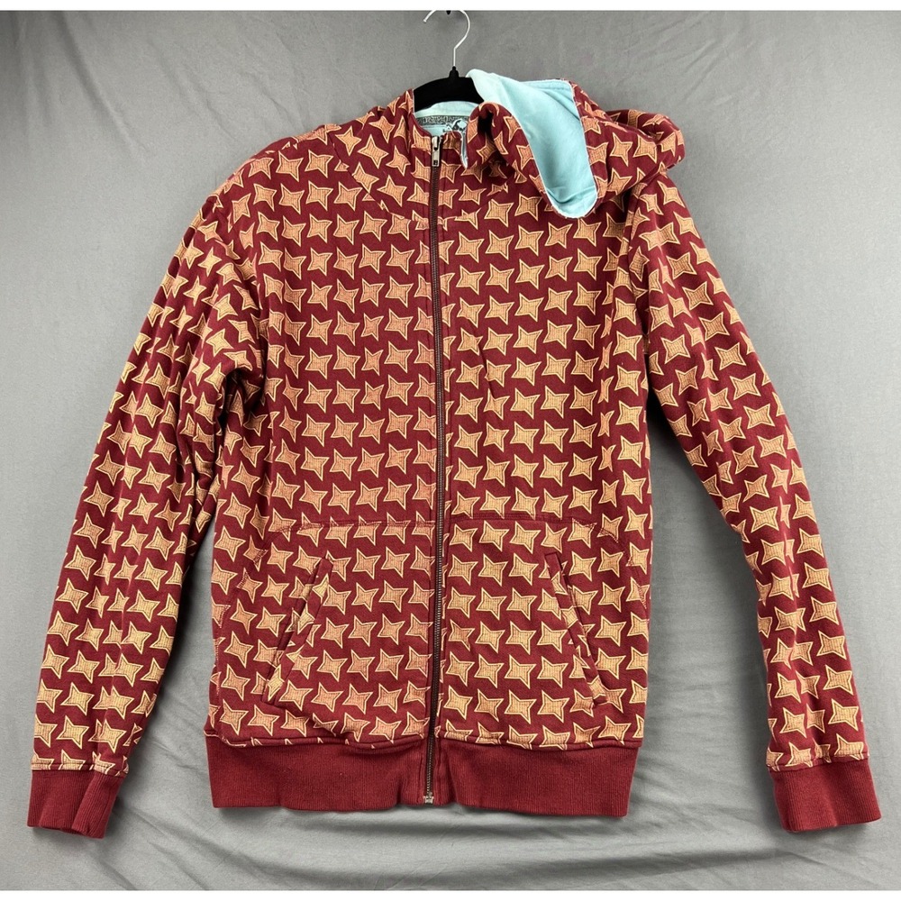 Zoo York Hoodie Mens Medium Full Zip Star Print Maroon Red Cotton Sweatshirt